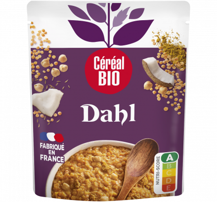 plat cuisiné DAHL lentilles corail, pois chiches, lait de coco et cumin saveurs indiennes